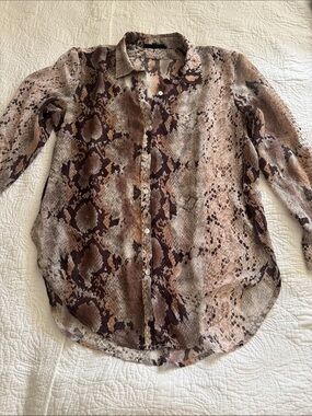 Snake Print Button-Up Blouse in Brown and Cream